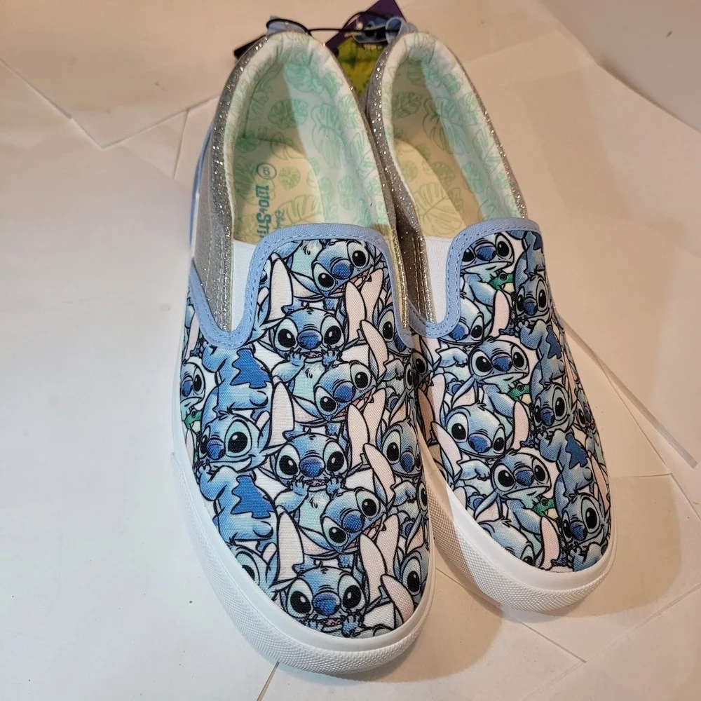 Disney‎ Lilo & Stitch Girls Slip-On Sneakers Ground Up Blue Glitter Size 6 New